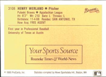 1990 ProCards #3108 Henry Werland Back