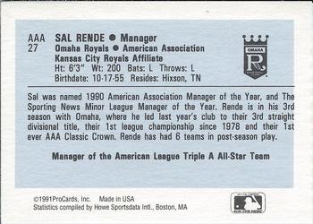 1991 ProCards Triple A All-Stars #AAA27 Sal Rende Back