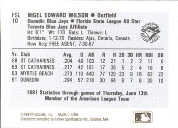 1991 ProCards Florida State League All-Stars #FSL10 Nigel Wilson Back