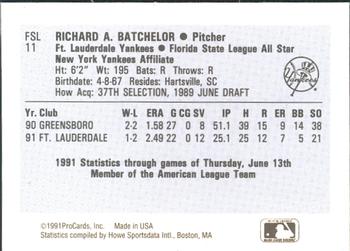 1991 ProCards Florida State League All-Stars #FSL11 Rich Batchelor Back