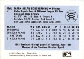 1991 ProCards Midwest League All-Stars #MWL21 Mark Borcherding Back
