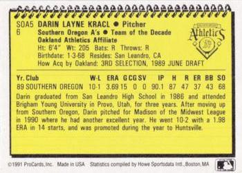 1991 ProCards Southern Oregon A's Anniversary #SOA6 Darin Kracl Back