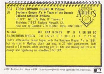 1991 ProCards Southern Oregon A's Anniversary #SOA30 Todd Burns Back