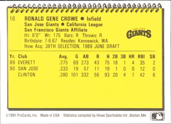 1991 ProCards #16 Ron Crowe Back