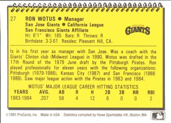 1991 ProCards #27 Ron Wotus Back