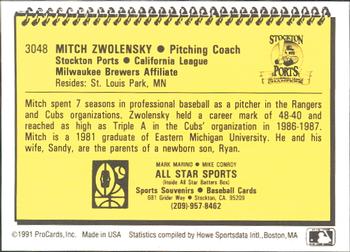 1991 ProCards #3048 Mitch Zwolensky Back