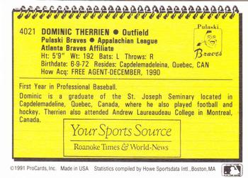 1991 ProCards #4021 Dominic Therrien Back