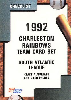 1992 Fleer ProCards #138 Charleston Rainbows Checklist Front