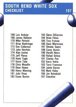 1992 Fleer ProCards #197 South Bend White Sox Checklist Back