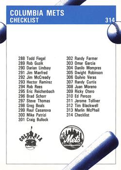 1992 Fleer ProCards #314 Columbia Mets Checklist Back