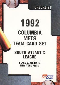 1992 Fleer ProCards #314 Columbia Mets Checklist Front