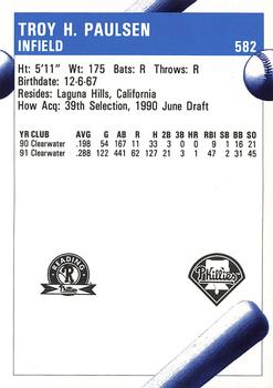 1992 Fleer ProCards #582 Troy Paulsen Back