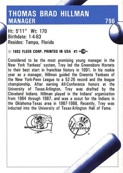 1992 Fleer ProCards #796 Trey Hillman Back