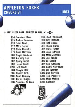 1992 Fleer ProCards #1003 Appleton Foxes Checklist Back