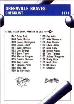 1992 Fleer ProCards #1171 Greenville Braves Checklist Back