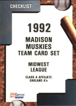 1992 Fleer ProCards #1254 Madison Muskies Checklist Front
