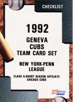 1992 Fleer ProCards #1578 Geneva Cubs Checklist Front