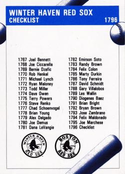 1992 Fleer ProCards #1796 Winter Haven Red Sox Checklist Back
