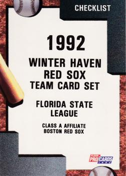 1992 Fleer ProCards #1796 Winter Haven Red Sox Checklist Front