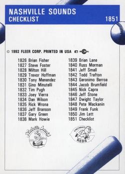 1992 Fleer ProCards #1851 Nashville Sounds Checklist Back