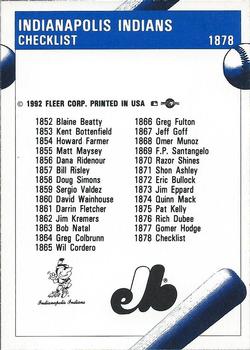 1992 Fleer ProCards #1878 Indianapolis Indians Checklist Back