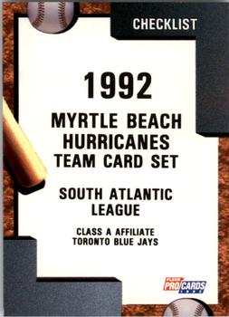 1992 Fleer ProCards #2216 Myrtle Beach Hurricanes Checklist Front