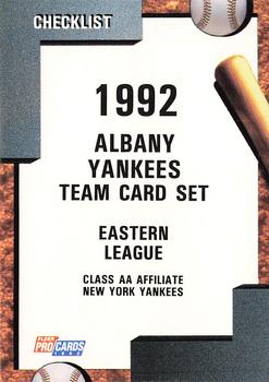1992 Fleer ProCards #2351 Albany-Colonie Yankees Checklist Front
