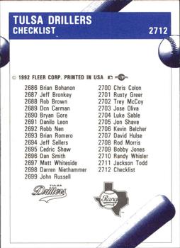 1992 Fleer ProCards #2712 Tulsa Drillers Checklist Back