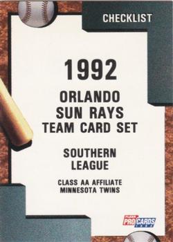 1992 Fleer ProCards #2865 Orlando Sun Rays Checklist Front