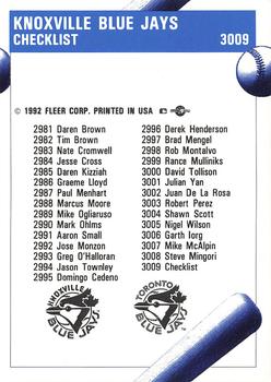 1992 Fleer ProCards #3009 Knoxville Blue Jays Checklist Back