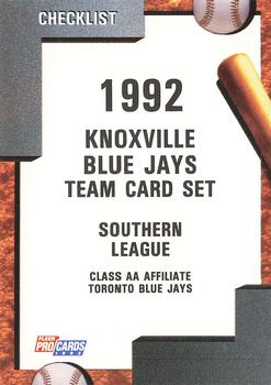 1992 Fleer ProCards #3009 Knoxville Blue Jays Checklist Front