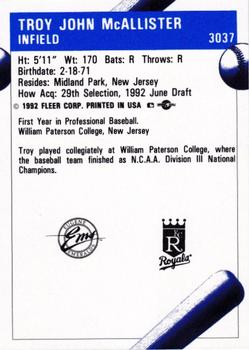 1992 Fleer ProCards #3037 Troy McAllister Back
