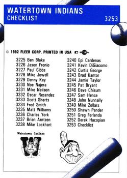 1992 Fleer ProCards #3253 Watertown Indians Checklist Back