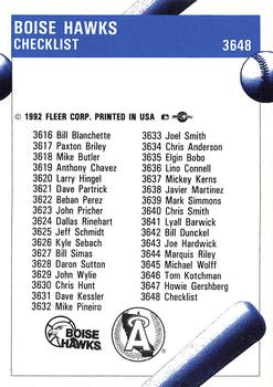 1992 Fleer ProCards #3648 Boise Hawks Checklist Back