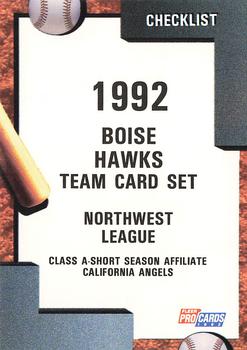 1992 Fleer ProCards #3648 Boise Hawks Checklist Front