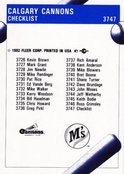 1992 Fleer ProCards #3747 Calgary Cannons Checklist Back