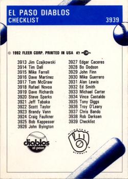 1992 Fleer ProCards #3939 El Paso Diablos Checklist Back