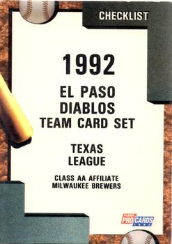 1992 Fleer ProCards #3939 El Paso Diablos Checklist Front