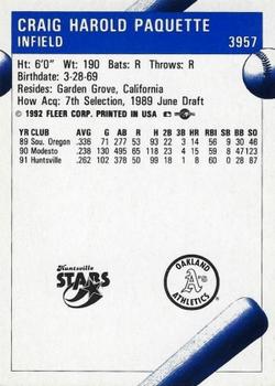 1992 Fleer ProCards #3957 Craig Paquette Back