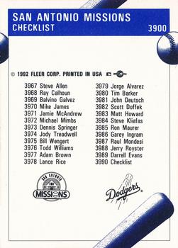 1992 Fleer ProCards #3990 San Antonio Missions Checklist Back