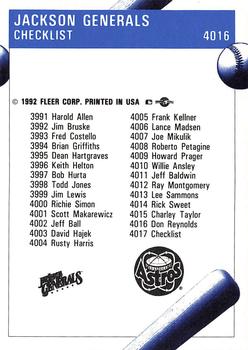 1992 Fleer ProCards #4017 Jackson Generals Checklist Back