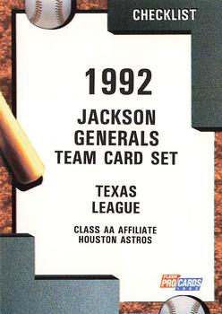 1992 Fleer ProCards #4017 Jackson Generals Checklist Front