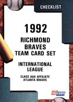 1992 Fleer ProCards #394 Richmond Braves Checklist Front