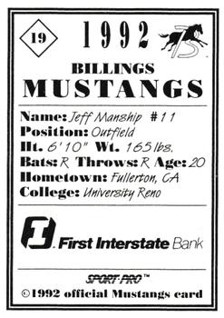 1992 Sport Pro Billings Mustangs #19 Jeff Manship Back