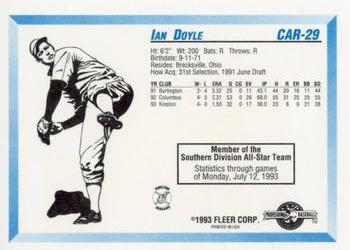 1993 Fleer ProCards Carolina League All-Stars #CAR-29 Ian Doyle Back