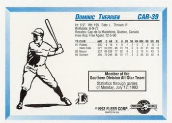 1993 Fleer ProCards Carolina League All-Stars #CAR-39 Dominic Therrien Back