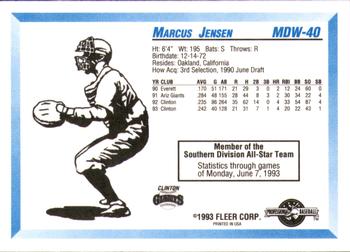 1993 Fleer ProCards Midwest League All-Stars #MDW-40 Marcus Jensen Back