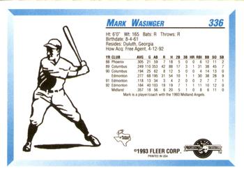 1993 Fleer ProCards #336 Mark Wasinger Back
