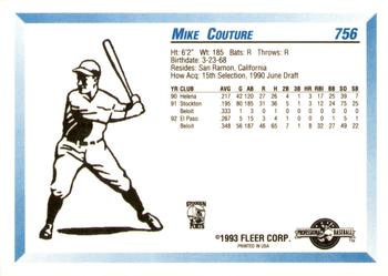 1993 Fleer ProCards #756 Mike Couture Back