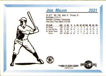 1993 Fleer ProCards #2531 Jose Malave Back